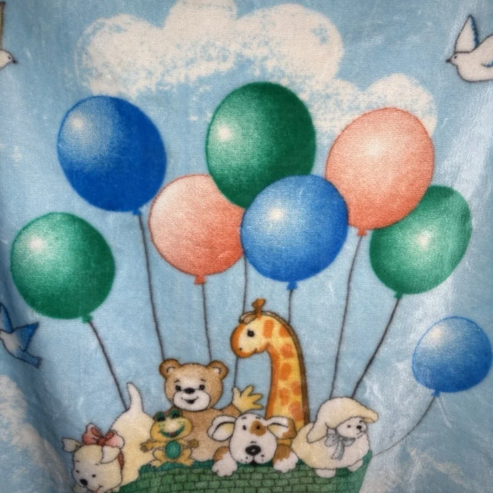 Vintage NovaTex Baby Blanket‎ Hot Air Balloon Nursery Animals Zoo Clouds 43 X 51